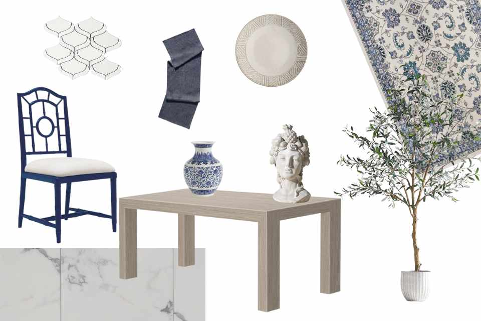 moodboard of grecian design with products from Carpet One catalog, Emser tile and more
